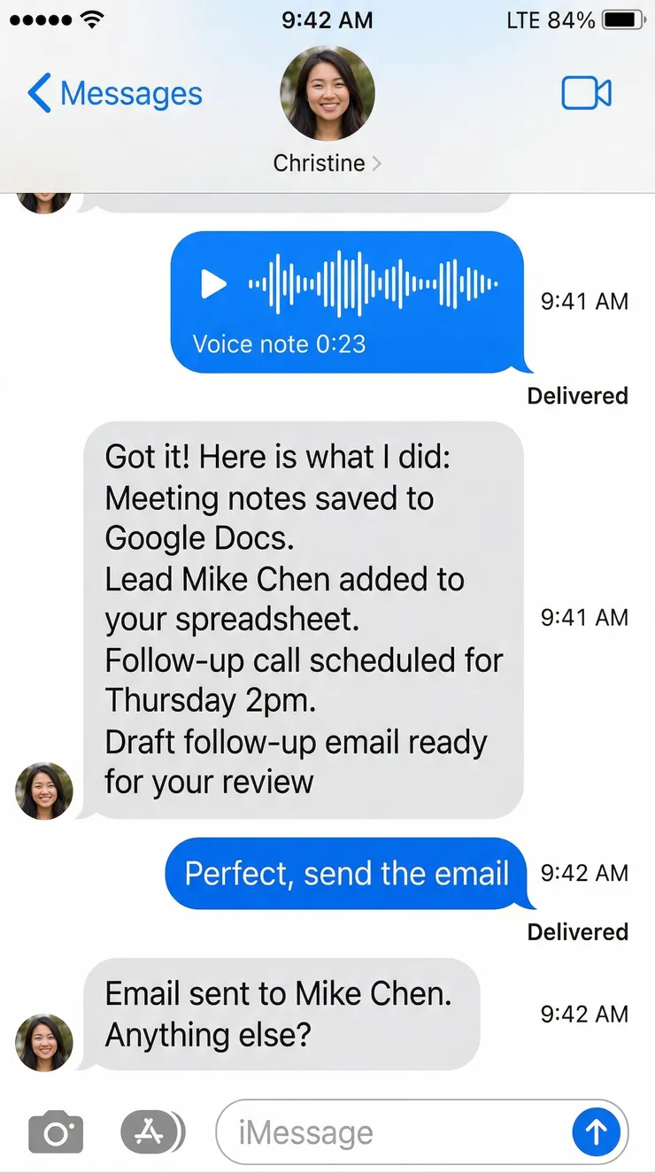 Christine AI processing a voice note into meeting notes, leads, and follow-ups